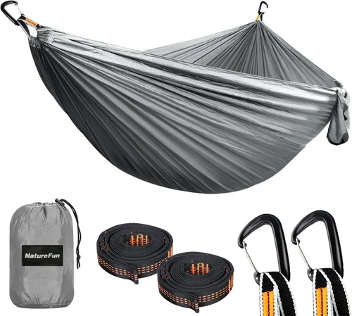 Vista 16 de NATUREFUN Hamaca ultraligera para viajes y camping Capacidad de carga de 300 kg, transpirable, de secado rápido Incluye 2 mosquetones premium, 2