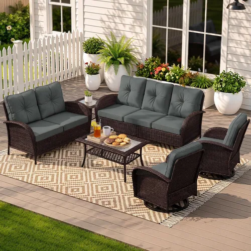 Vista 18 de UPHA Juego de muebles de mimbre para patio de 7 piezas con mesa auxiliar Cojín de ratán beige y beige