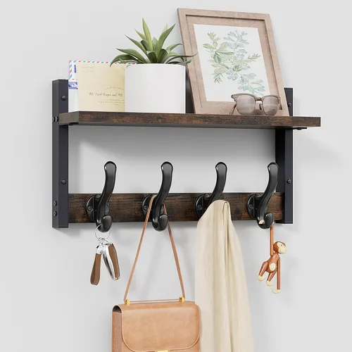 Vista 16 de Tatub Perchero rústico de 29 pulgadas con estante, ganchos de pared de entrada con estante, perchas para baño, sala de estar, dormitorio, negro