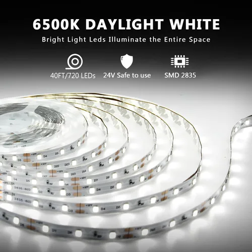 Vista 2 de dalattin Tira de luces LED blancas, tira de luz LED regulable de 40 pies, 6500 K, luz blanca brillante de 24 V, 720 LED 2835 cinta de luces