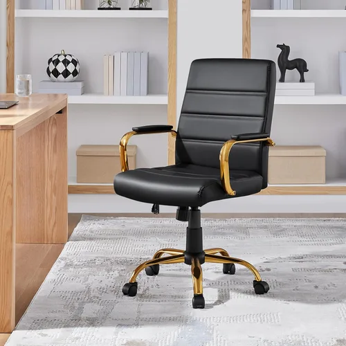 Vista 4 de Yaheetech Silla de Oficina de Respaldo Medio de Cuero PU Silla de Escritorio Ejecutiva Ajustable con Soporte Lumbar Patas Doradas Asiento Negro