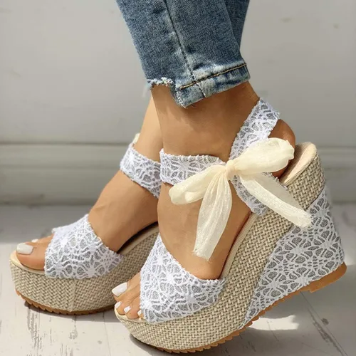 Vista 4 de HOSTINGG Sandalias de cuña para mujer, alpargatas de cuña para mujer, sandalias de plataforma con cordones y puntera abierta