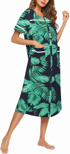 Vista 2 de Ekouaer Camisón de manga corta de algodón con bolsillos para mujer
