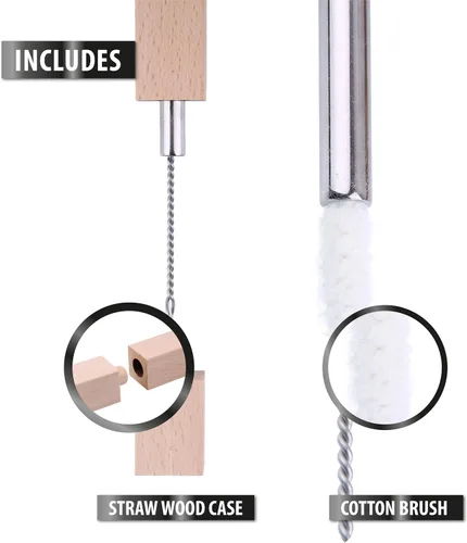 Vista 5 de Pajitas reutilizables de acero inoxidable con estuche de madera, paquete de 6, pajitas ecológicas de viaje de 8.5 pulgadas, reutilizables