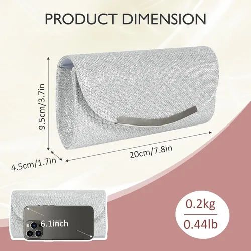 Vista 2 de Ubysoyi Bolso de mano con purpurina para mujer, bolso de noche, bolso de mano, de metal brillante, sobre formal, boda, baile de graduación, bolso