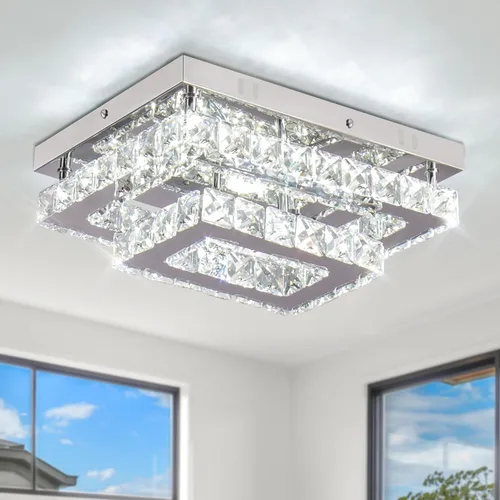 Vista 13 de Finktonglan Lámpara de Techo LED de Cristal Empotrada Moderna, Candelabro Rectangular de Cristal K9 y Acero Inoxidable, 20W Regulable con Control