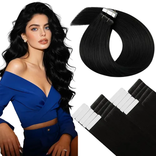 Vista 18 de LaaVoo Extensiones adhesivas de cabello humano real, color negro azabache, extensiones de cabello humano liso y sedoso, 10 pulgadas, 20