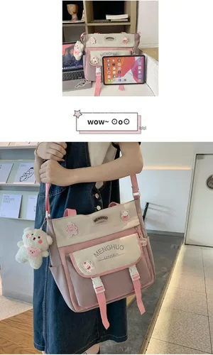 Vista 7 de Bolso cruzado Kawaii para niña bolso de mano de empalme color escolar mochila japonesa mochila astética
