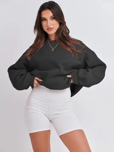 Vista 3 de ANRABESS - Sudaderas de vellón de mujer, cuello redondo, de gran tamaño, bonitas, para otoño e invierno, para estudiantes de preparatoria, jóvenes