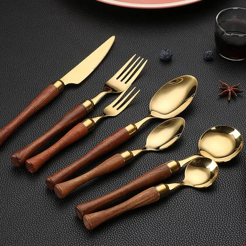 Vista 2 de Juego de cubiertos dorados para 6, 30 piezas retro de acero inoxidable, tenedores y cucharas para reuniones, bodas, fiestas de Navidad, Halloween