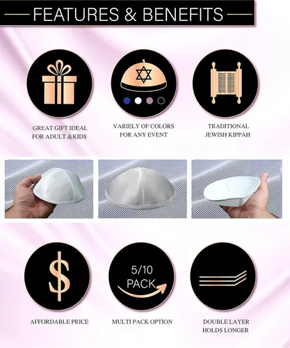 Vista 4 de Ateret Judaica Yarmulke - Gorra de satén para hombres y niños 40 unidades tamaño 75in sombrero de Yamaka judío