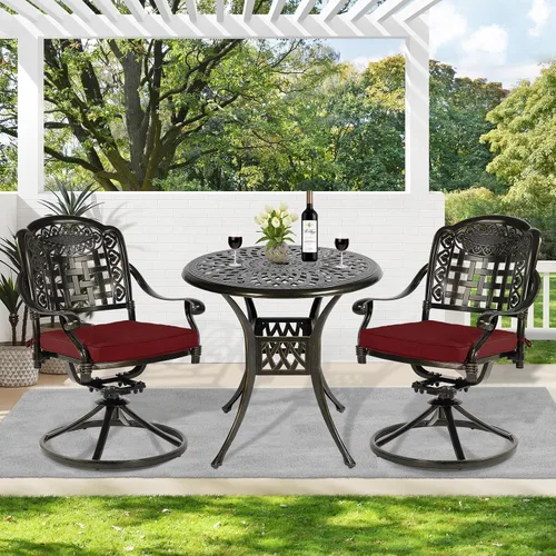 Vista 7 de Juego de comedor de patio al aire libre de 3 piezas, juego de conversación de aluminio fundido para todo tipo de clima con 2 cojines giratorios