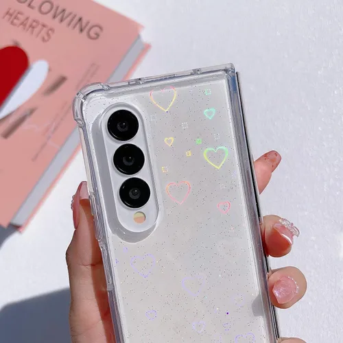 Vista 8 de Funda para Galaxy Z Fold 5, funda protectora de silicona con purpurina láser transparente holográfica con patrón de corazón de amor, delgada, a