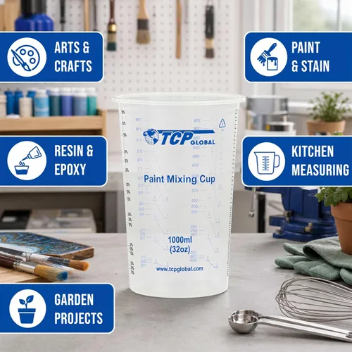 Vista 6 de TCP Global Vasos mezcladores de plástico graduados de 32 onzas (33.8 fl oz) (caja de 25) – Vasos medidores de plástico desechables para líquidos