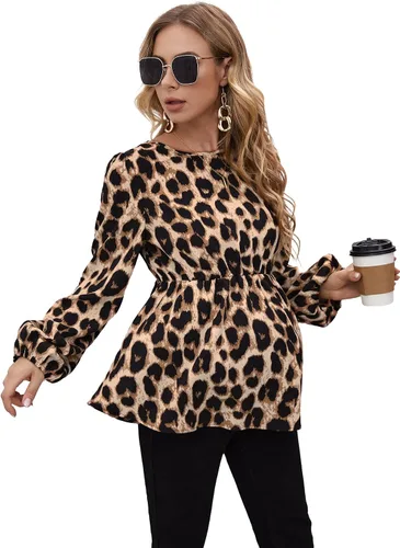 Vista 3 de MakeMeChic Camisas de maternidad para mujer, blusa peplum de manga larga con estampado de leopardo