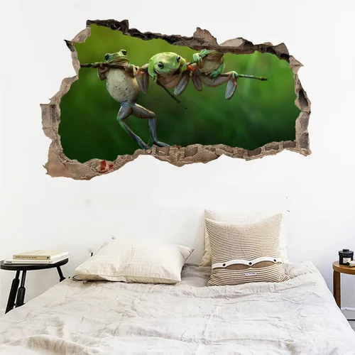 Vista 2 de Calcomanías 3D de decoración de pared de animales 3D, calcomanías de pared de ranas 3D destrozadas, arte moderno de vinilo de pared para niños