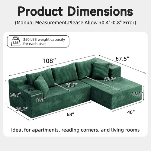 Vista 3 de Bashaw Sofá modular Cloud de 108 pulgadas sin hueso con diván, sofá modular en forma de L, asiento profundo, sofá comprimido de espuma viscoelástica