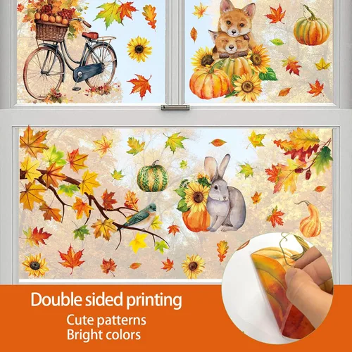 Vista 6 de 68 calcomanías de otoño para ventana, de doble cara, hojas de arce de otoño, calabaza, calcomanías para ventana, calcomanías para el hogar, oficina