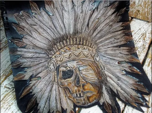 Vista 4 de Cráneo indio, hombre rojo, nativo americano, jefe, tubo, águila calva, lobo gris, bolsa de herramientas de motocicleta de cuero genuino 3D, bolsa