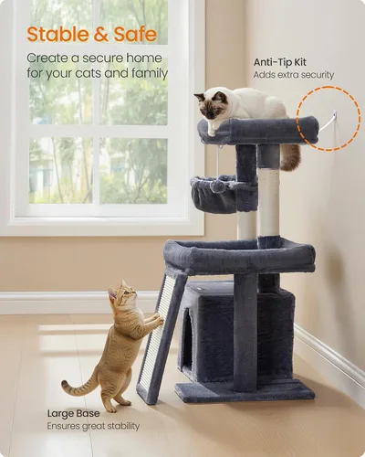 Vista 7 de Feandrea Árbol para gatos, torre para gatos con postes rascadores y rampa, 2 perchas grandes, cueva, canasta, 33.8 pulgadas de alto, gris oscuro