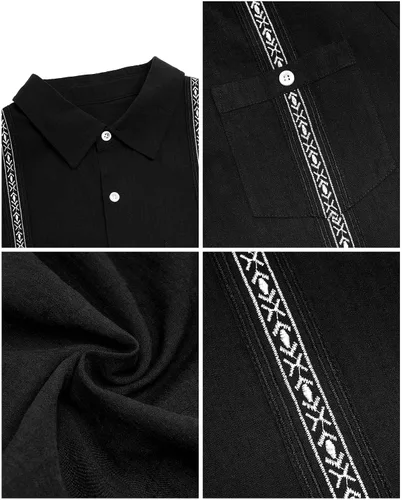 Vista 5 de Camisa de guayabera cubana para hombre, de algodón, lino, manga corta, informal, hippie, con botones, con bolsillo