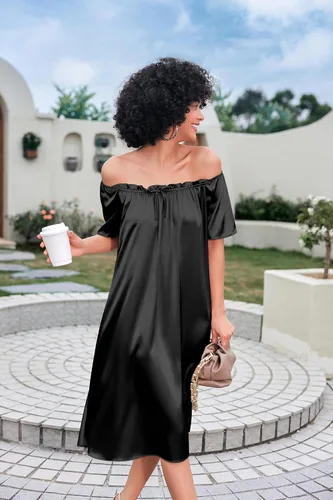 Vista 5 de Ekouaer Camisón plisado de seda satinada para mujer, ropa de dormir suelta, camisón estampado de manga corta