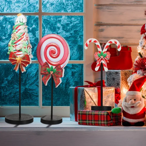 Vista 6 de Geetery 3 piezas de decoración de mesa de dulces de Navidad rojo y verde, centros de mesa de Navidad, letreros de madera, decoración de mesa
