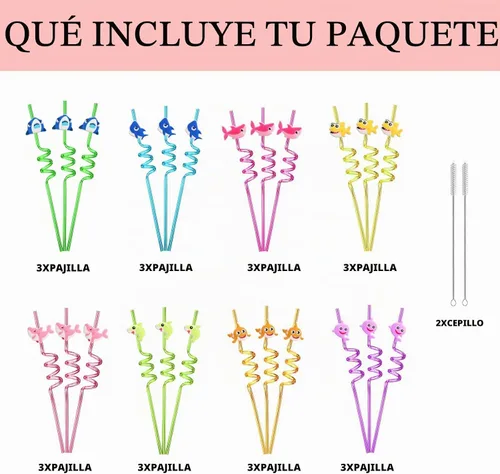 Vista 4 de 24 popotes de plástico reutilizables para niños y niñas, bebés, para natación, temática de tiburón océano, suministros de fiesta de cumpleaños