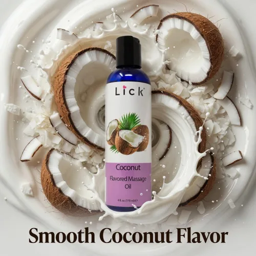 Vista 2 de Lick Aceite de masaje con sabor a coco, aceite de masaje comestible tropical con aceite de almendras dulces y vitamina E, fórmula hidratante segura