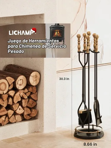 Vista 2 de Lichamp Juego de Herramientas para Chimenea, 5 Piezas para Interiores y Exteriores, Juego Resistente de Atizadores para Chimenea con Mango Dorado