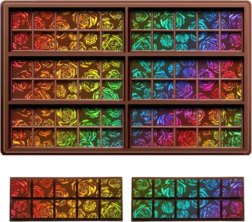 Vista 13 de Ziliny Molde holográfico de barra de chocolate rosa de silicona, barra de chocolate con efecto de luz arco iris, moldes profundos y gruesos