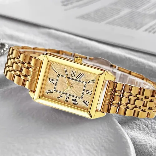 Vista 5 de Relojes de oro de lujo para mujer, reloj de pulsera rectangular vintage, esfera con números romanos, relojes de cuarzo analógicos