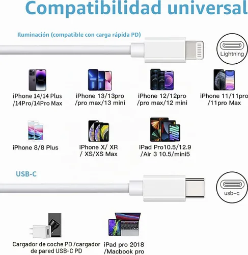 Vista 6 de Mitesbony - Cable USB C a Lightning [certificado MFi] Paquete de 3 cables de carga para iPhone de 1.8 m, entrega de energía tipo C, cable de carga