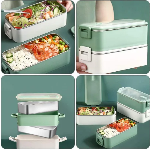 Vista 5 de Hemoton Bento Box - Contenedor de aperitivos apilable de acero inoxidable estilo japonés asiático para preparación de alimentos para el hogar