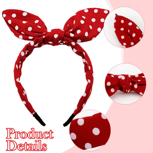 Vista 4 de TOBATOBA Diademas de lazo para mujeres y niñas, paquete de 2 diademas de lunares, lindas orejas de conejo, accesorios para el cabello, rojo y negro