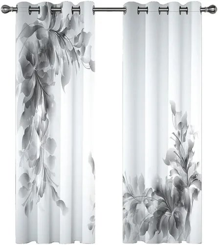Vista 4 de Cortinas de ventana, diseño de hojas 3D, juego de cortinas con ojales, cortinas de oscurecimiento con ojales, cortinas de ventana gris y blanco