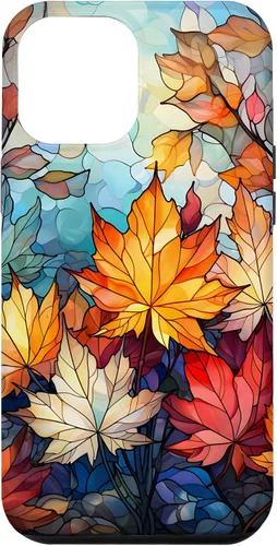 Vista 25 de iPhone 15 Otoño hojas de arce vitrales estilo abstracto caso