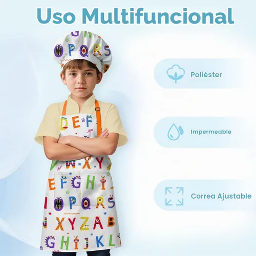 Vista 3 de SANDJEST Juego de delantal para niños con gorro de chef, regalos de delantal de cocina Alfabeto