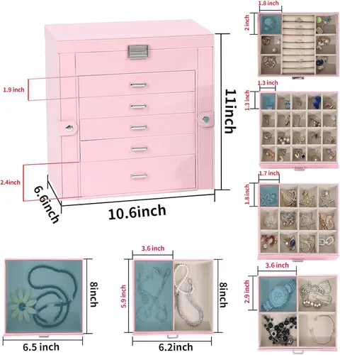 Vista 5 de ASINGYER Joyero para mujer, organizador grande de 6 capas con cerradura y 5 cajones para almacenamiento de joyas, joyero grande para regalo