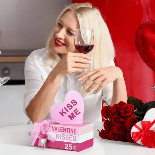 Vista 6 de 4 piezas de madera para el día de San Valentín, mini libros de corazón de San Valentín, letreros de mesa, decoración de bandeja escalonada de San