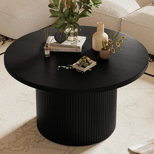 Vista 5 de MAISONARIA - Mesa de café redonda negra con marco de metal, mesas de café de 35" para sala de estar, mesa de centro de madera circular con acento