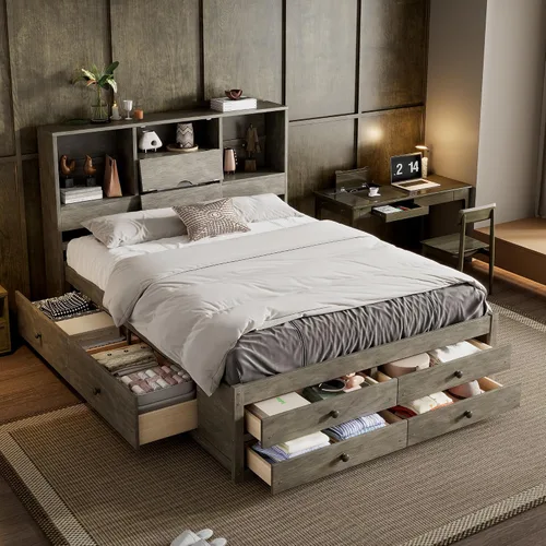 Vista 11 de Cama de plataforma de tamaño individual con cabecera de almacenamiento y taquillas, cabecera de almacenamiento multifuncional con 3 estantes Gris-t