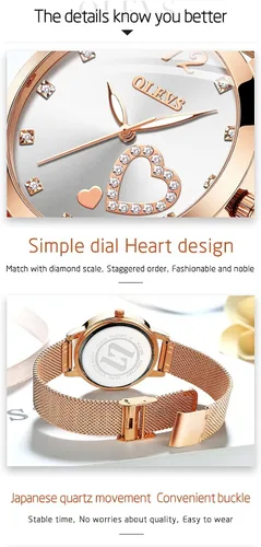 Vista 5 de OLEVS Relojes de oro rosa para mujer movimiento de cuarzo japonés con diamantes de corazón para niñas reloj de pulsera con correa de malla