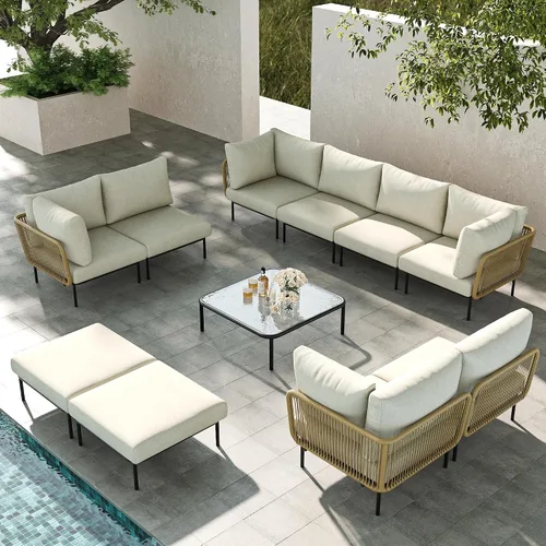 Vista 43 de LayinSun Juego de muebles de patio de aluminio de 7 piezas, sofá modular moderno con mesa auxiliar y cojín de grosor mejorado Gris claro