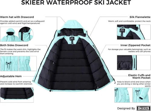 Vista 3 de Skieer Chaqueta de esquí impermeable con capucha para mujer, chaqueta de invierno cálida para la nieve