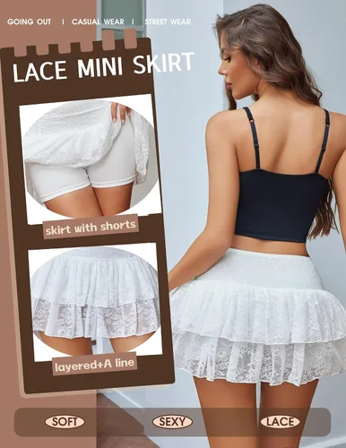 Vista 4 de Avidlove - Minifalda con capas de encaje Y2K para mujer, de cintura alta, con volantes, Skort, conjuntos bohemios, microfaldas Blanco