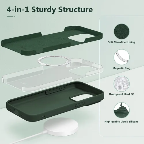 Vista 3 de GONEZ Funda de Silicona para iPhone 15 Pro Max, Compatible con Magsafe, Protector de Cámara + Protector de Pantalla, Forro de Microfibra Suave Verde