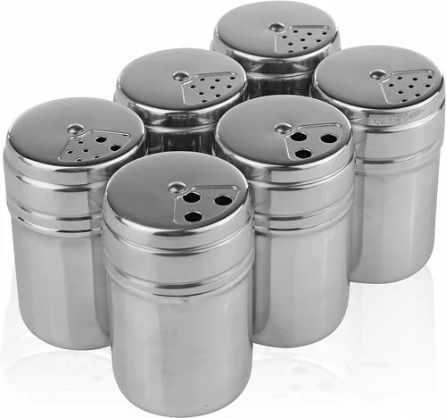 Vista 5 de Despachador de condimentos de acero inoxidable portable, juego de 6 unidades con tapas rotativas y bolsa de viaje, salero y pimientero, despachador