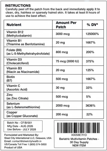 Vista 9 de Parches multivitamínicos bariátricos, suministro para 30 días, 30 parches diarios, vitamina B12, complejo B, folato, cromo, vitamina C y vitamina E