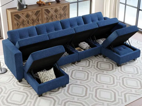 Vista 4 de Belffin Sofá modular modular en forma de U de almacenamiento reversible con tumbonas dobles, juego de sofá modular con tela otomana, color azul